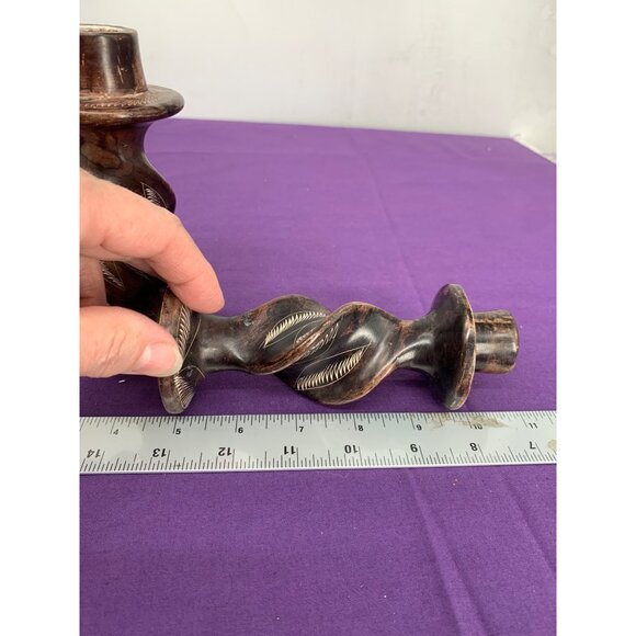 Soapstone Handcarved Candleholders Spiral Tapers 5.5  & 6 Inch Brown Carved - Picture 6 of 7